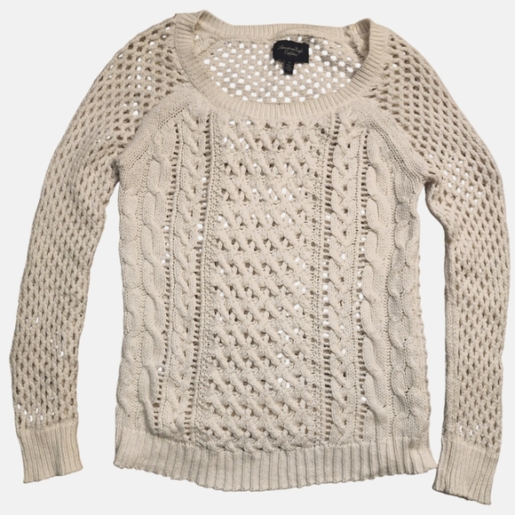 American Eagle cream open‎ weave chunky knit fisherman's crewneck sweater small - Picture 1 of 4